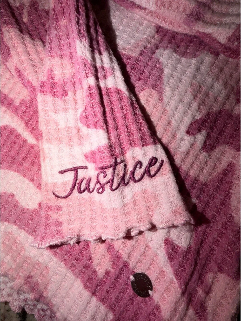 Justice Girls Size 10 Pink Camo Waffle Knit Long-Sleeve Thermal Top